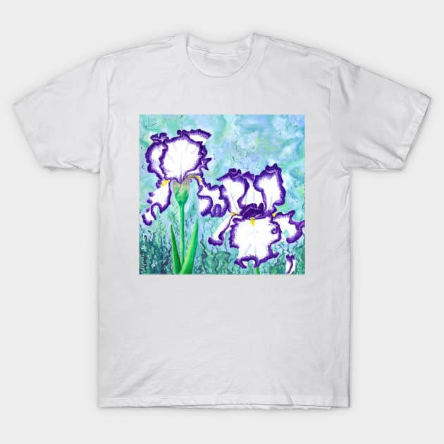 White Irises with Purple Border T-Shirt by wynbre